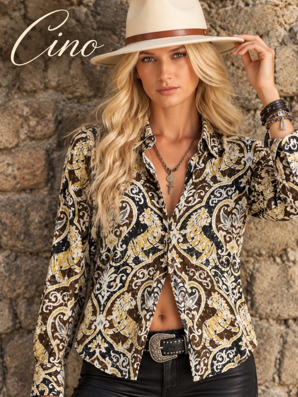 Cino long-sleeve button-down shirt- tiger damask and baroque pattern